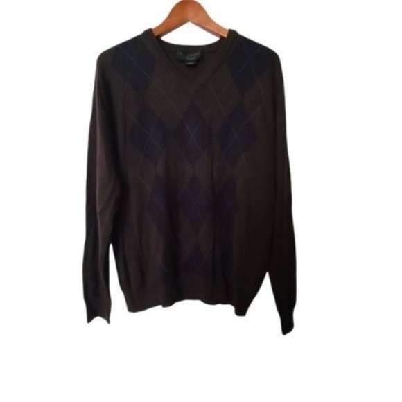 Linea Rosso Lightweight‎ Merino Wool Blend Sweater Argyle Brown L Large V-Neck - Picture 6 of 9